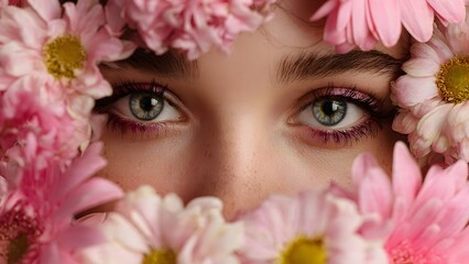 Fototapeta premium Close Up Beauty Portrait of Green Eyes Framed by Soft Pink Flowers