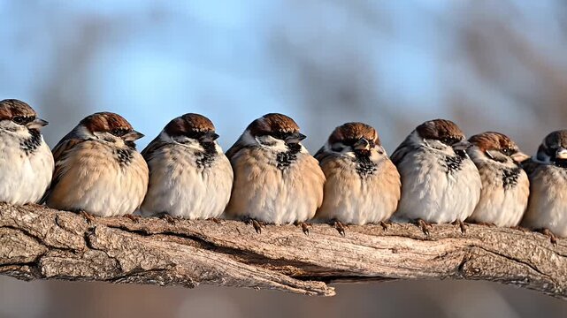 Group of small sparrows perched on tree branch in sunlight