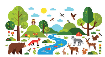 Fototapeta premium Colorful forest ecosystem illustration featuring various animals and wildlife in a natural setting