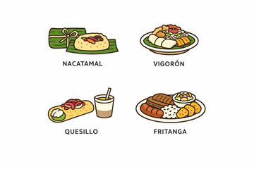 Nicaragua Street Food Vector Icon Set with Nacatamal Vigoron Quesillo and Fritanga