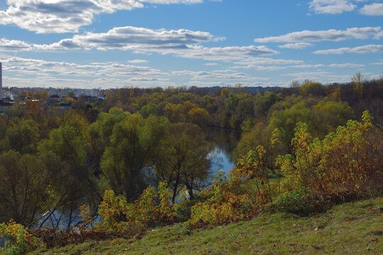 Oka river and autumn forest in Noble Nest park Oryol Russia
