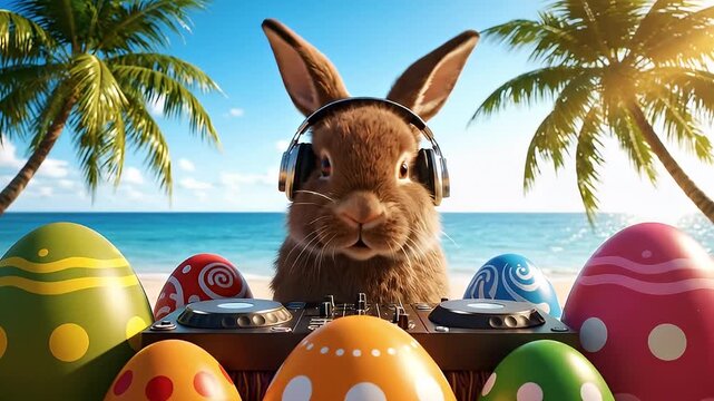 Brown rabbit dj using mixing deck near easter eggs on beach