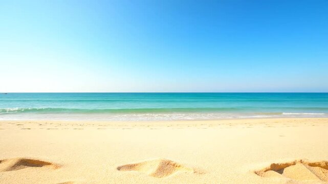 Serene beach scene with gentle waves and clear blue sky, slow motion ocean waves lapping on the sandy shore, symbolizing relaxation and tranquility