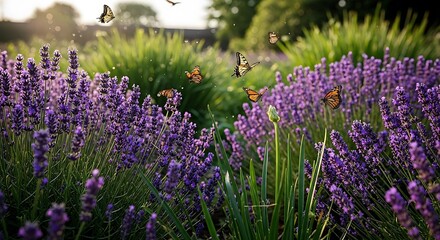 Obraz premium Monarch butterflies flutter gracefully over a vibrant field of blooming lavender flowers