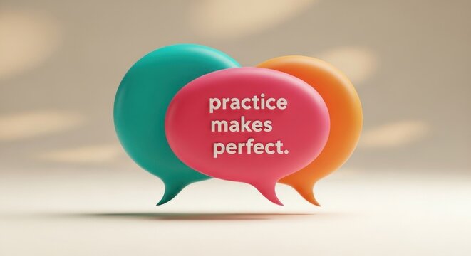 Colorful speech bubbles with the phrase practice makes perfect on a light background.