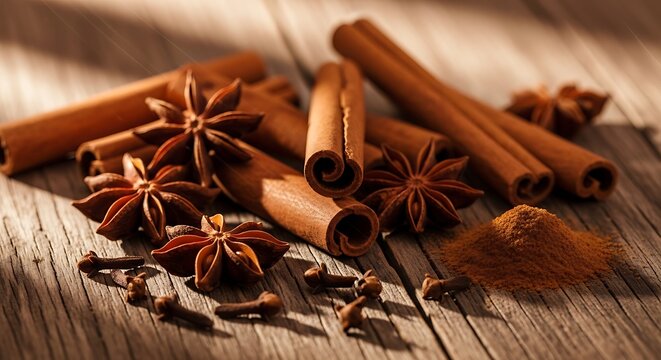 Aromatic spices including cinnamon sticks, star anise, and cloves scattered on wood
