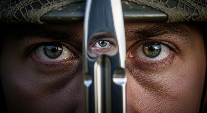 Soldier's intense eyes reflected in a bayonet blade