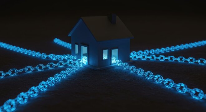 Abstract 3D house model connected with glowing digital blue chains symbolizing blockchain technology in real estate, smart home security systems, and decentralized property finance.