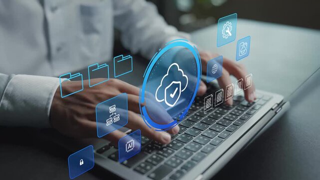 Cloud security and data protection concept. Person using laptop with cloud computing and cybersecurity icons, secure data storage, privacy protection and digital infrastructure.