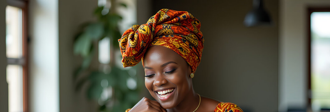 African entrepreneur in colorful iro and buba with gele working at glass desk laughing