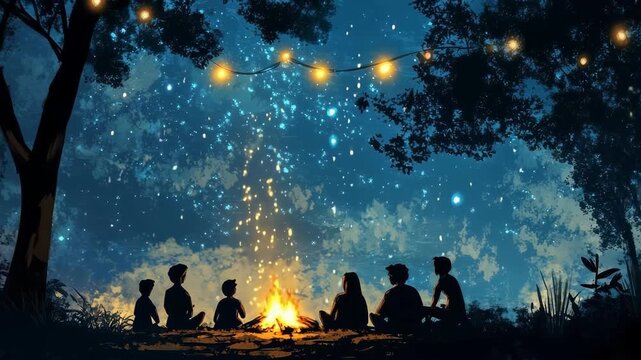 Nighttime forest gathering with campfire under twinkling stars and warm light