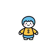 Cartoon character illustration of a smiling child wearing a yellow shirt and blue hat.