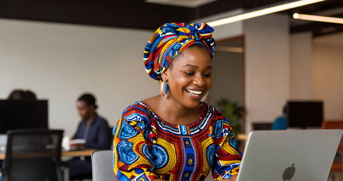 Entrepreneur in iro and buba laughing at laptop screen in bright modern office