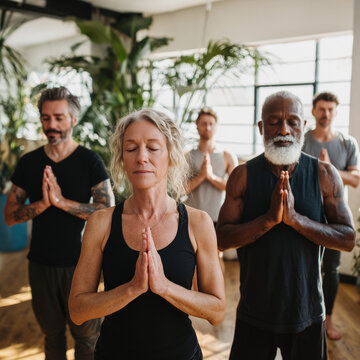 Grupo de adultos practicando la postura del &aacute;rbol de yoga en equilibrio