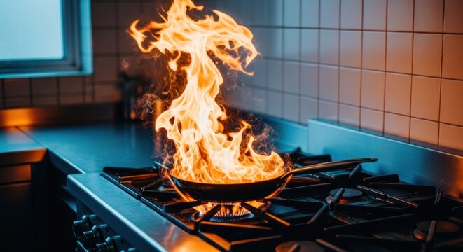 Dramatic Kitchen Scene Pan on Fire Flames Rising High Cooking Mishap Culinary Disaster.