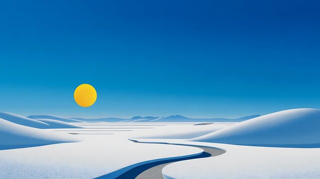 A serene desert landscape with a winding road and bright sun in a clear blue sky