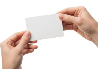 Obraz premium A pair of hands holding a blank white business card isolated on transparent background