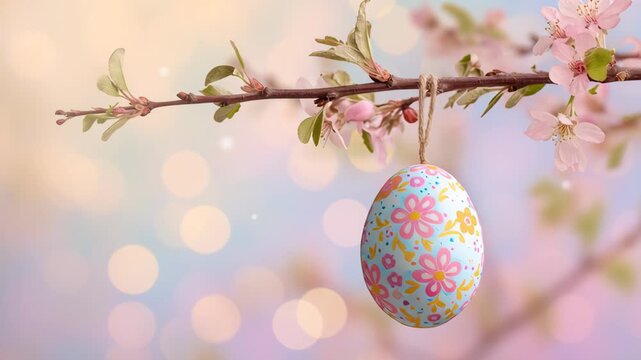 Hanging pastel pink Easter eggs and spring blossom at bokeh light blue turquoise background. Easter banner border. Fresh modern decorative Holiday concept. Apple blossoms budding branch. Tradition