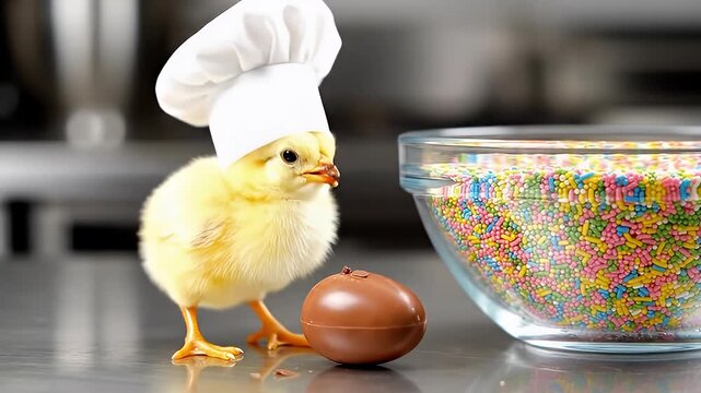Yellow baby chick wearing chef hat with chocolate egg on table