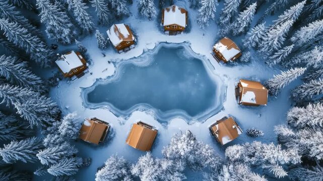 Aerial flyover of snowcovered cabins encircling a frozen lake in winter wonderland
