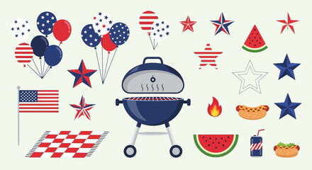 American bbq elements illustration flags balloons stars grill food and beverages festive celebration graphics