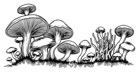 Detailed woodcut style illustration of various forest mushrooms growing in a group © Logan