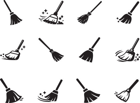 Broom sweep besom icon set vector illustration for web, app, logo, UI. Cleaning tool symbol design.