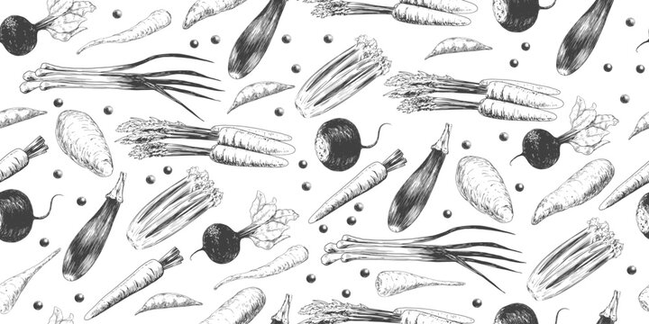 Seamless pattern with vegetables. Engraving background with carrots, radishes, celery, parsnips, sweet potatoes, peas and zucchini. Black and white illustration of vegetables. Pattern for menu