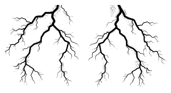 Set of hand drawn lightning bolts with detailed electric crackle and line art texture