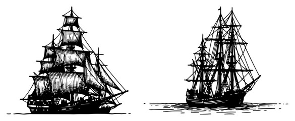 Engraving style illustration of two vintage sailing ships or galleons navigating on the sea © Logan