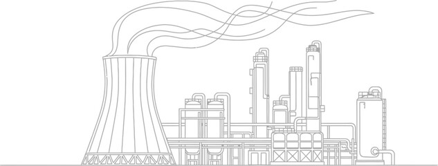 Obraz premium Industrial power plant refinery illustration, cooling tower and chemical factory infrastructure, heavy industry production facility line art vector