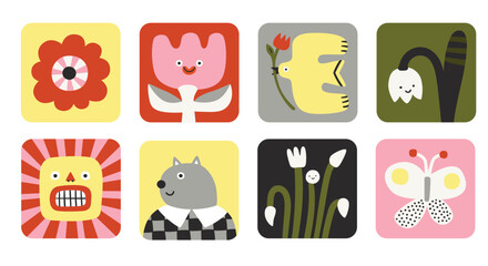 Fototapeta premium Funny stickers set, spring or summer time stickers collection, funny animals, insects and flowers, seasonal design. Print, square poster, emoji elements. Flower, bloom, character, bird, sun, cat. 