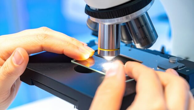 Close up of scientist's hands carefully analyzing microscopic slides with a laboratory microscope