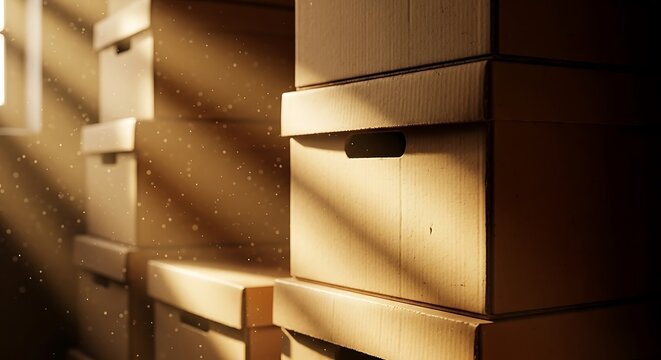 Sunlight streams through a dusty room illuminating stacks of cardboard storage boxes
