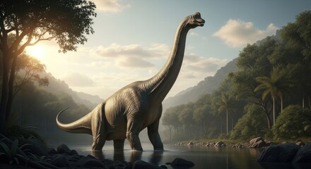 Naklejka premium Majestic Brachiosaurus Stands in Tranquil Waters Amidst Lush Prehistoric Landscape.
