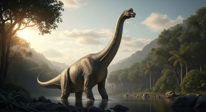 Majestic Brachiosaurus Stands in Tranquil Waters Amidst Lush Prehistoric Landscape.