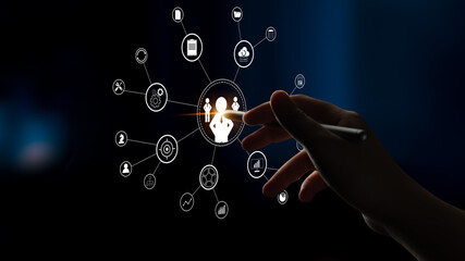 A concept of centralized business management and corporate strategy. A leadership team connecting...