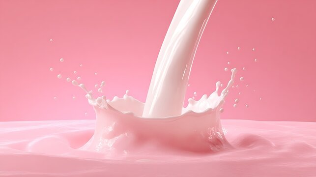 A stream of milk splashing into a pink liquid on a matching background