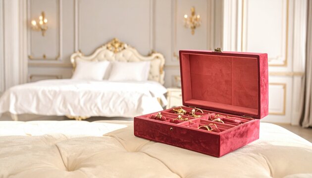 Elegant red velvet jewelry box filled with rings and necklaces on a bed, showcasing luxury storage and precious adornments