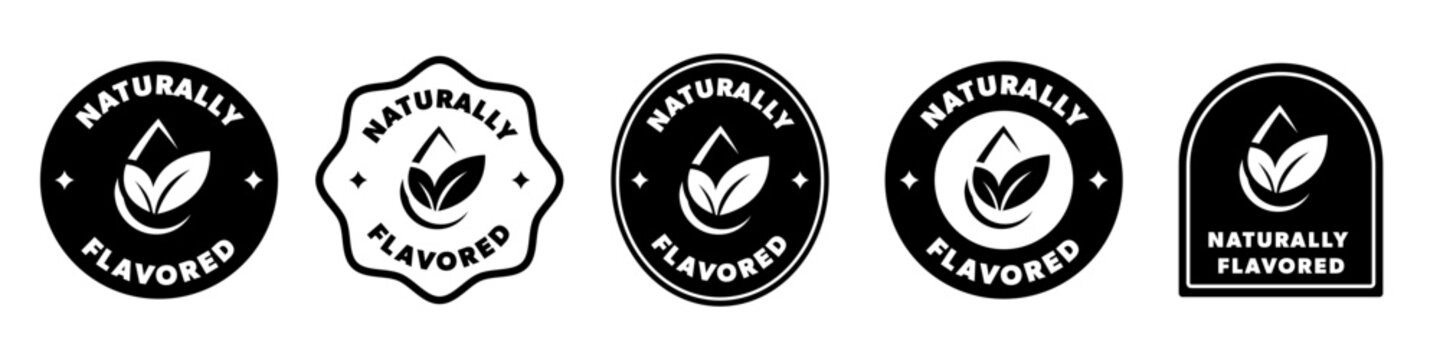 Naturally Flavored label collection with drop and leaf icon. Vector isolated on white.
