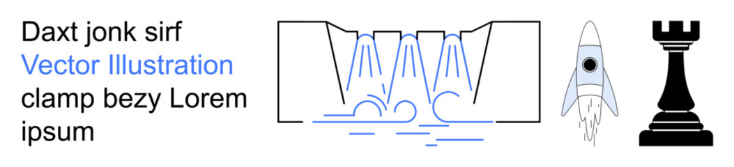 Space exploration, strategy, engineering, decision-making, science education, innovation. Rocket launching, chess rook schematic of fluid dynamics. Space exploration and strategy © robu_s