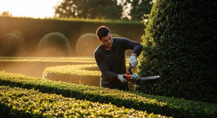Man meticulously trims hedges in a sunlit garden creating a perfect landscape.
