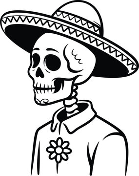 A skeleton wearing a sombrero and a collared shirt with a flower on isolated for dia de los muertos or halloween