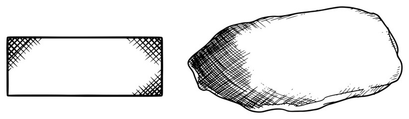 Hand drawn sketch of a stone and a rectangular frame with vintage cross hatching shading effects © Logan