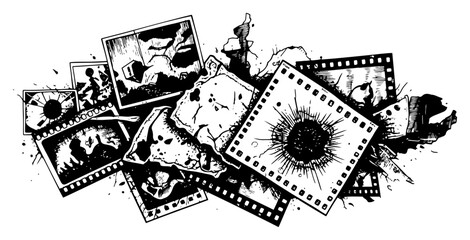 Obraz premium Artistic collage of chaotic film frames and photographs with grunge splatters in woodcut style