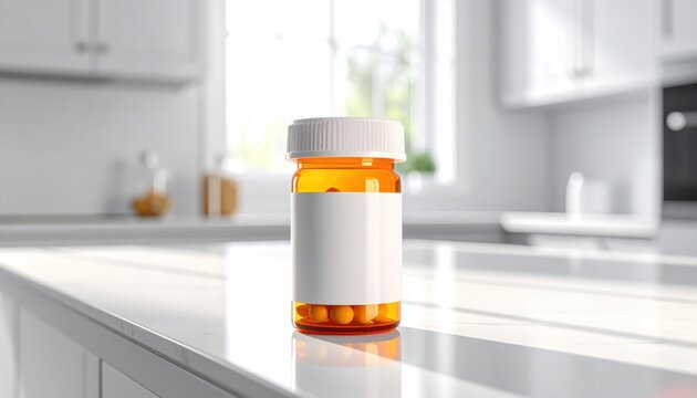 Orange pill bottle with child-proof cap and blank label sits on a clean kitchen counter near a window