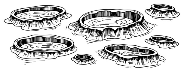 Collection of various circular craters or puddles in detailed woodcut engraving style © Logan