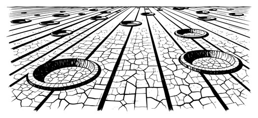 Surreal landscape sketch featuring cracked ground with parallel rows of deep craters © Logan