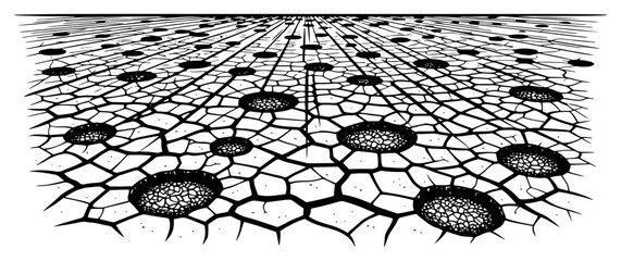 Vintage woodcut illustration of cracked dry ground with deep circular craters in perspective © Logan