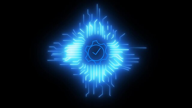 cyber security blue circuit lines and lock logo on black background.Digital circuit AI interface on black wallpaper. HD animation.Artificial intelligence and computing concept. 3D Rendering animation